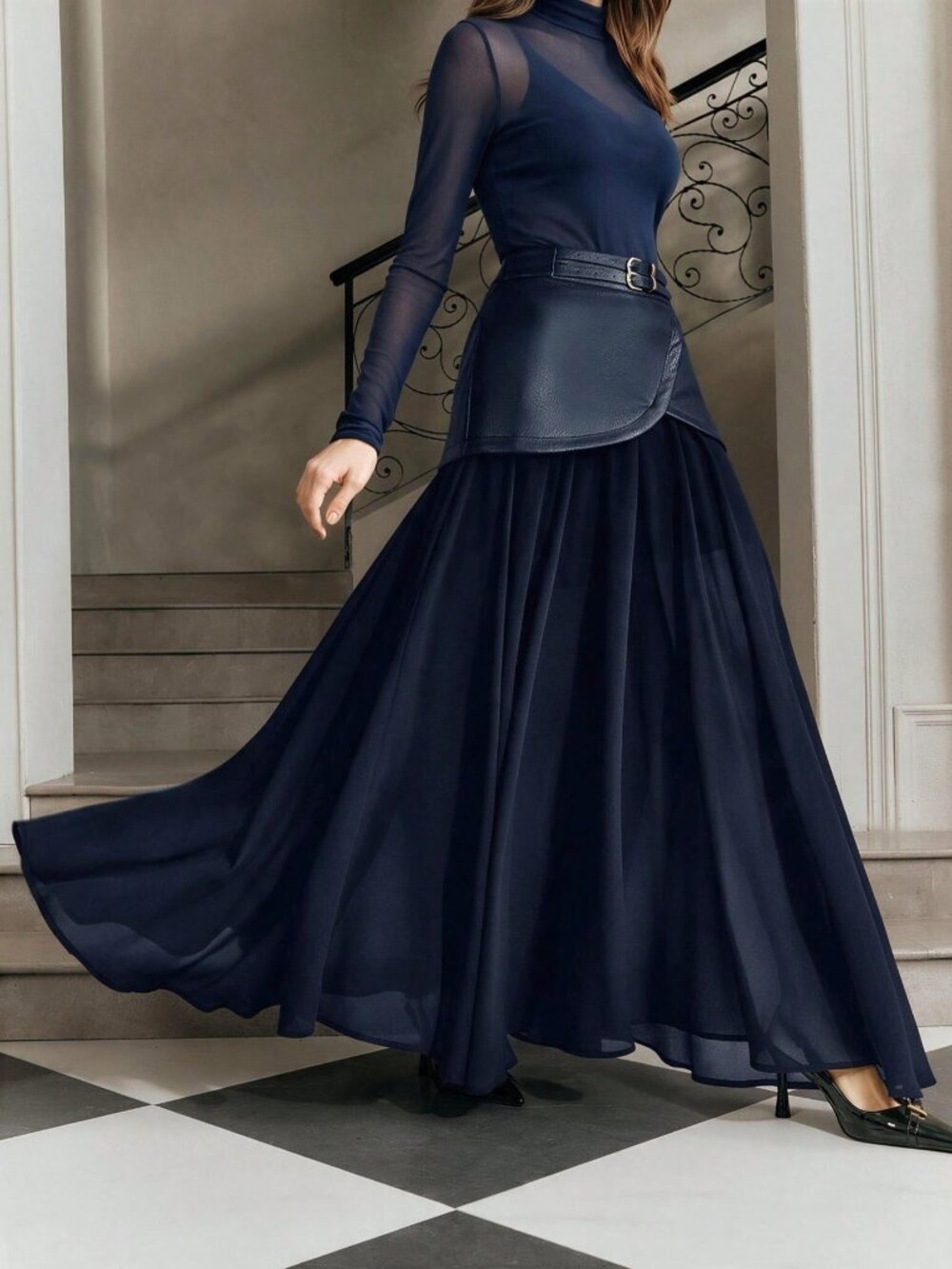 Navy Blue Casual Women's Scallop Belted Draped Flared Chiffon Long Skirt - Picture 3 of 7